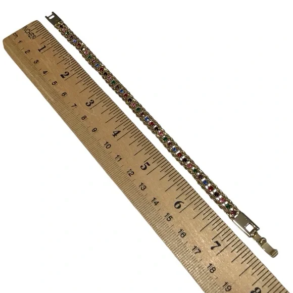 Yechang Rhinestone Bracelet Multicolor Gold Tone Vintage Pink Green Blue Red - Picture 4 of 10